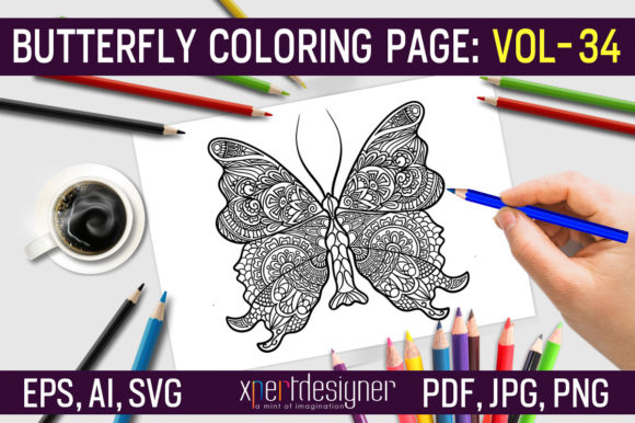 Butterfly Coloring Page Vol - 34 KDP: Graphics & Coloring Pages Amp